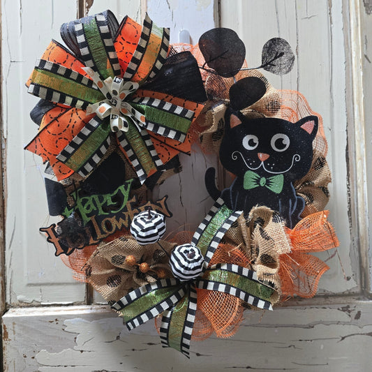 Black Cat Halloween Mini Wreath