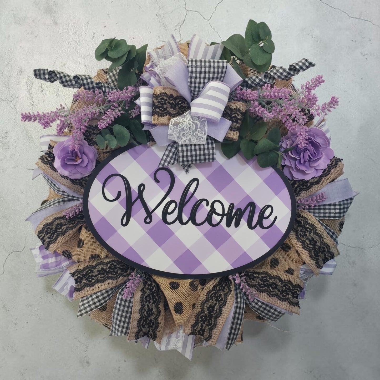 Welcome Purple Check Wreath