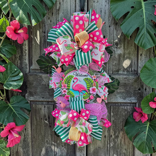 Welcome Flamingo Door Swag Wreath with pink fairy lights